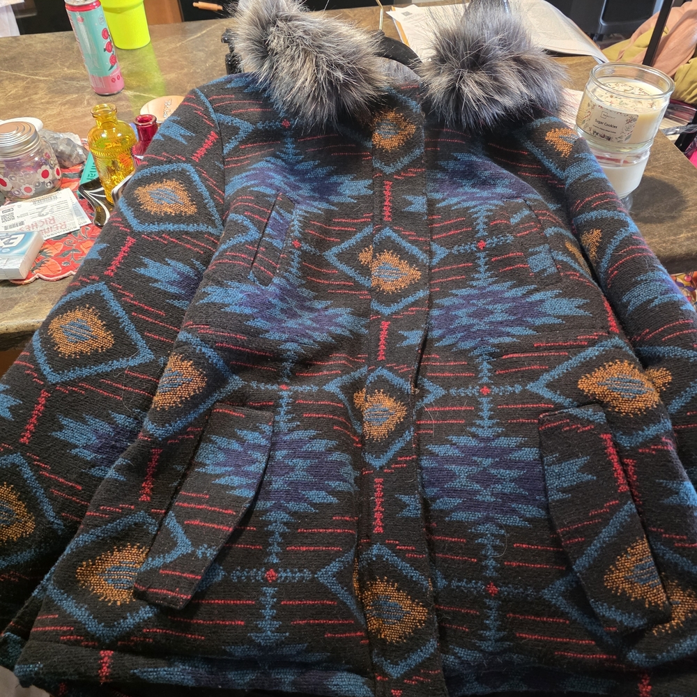 Women's Aztec Coat with Faux Fur Hood